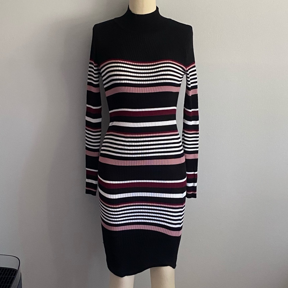 Stretchy Turtleneck Striped Sweater Knit Long Sleeve Midi Dress, Size Small